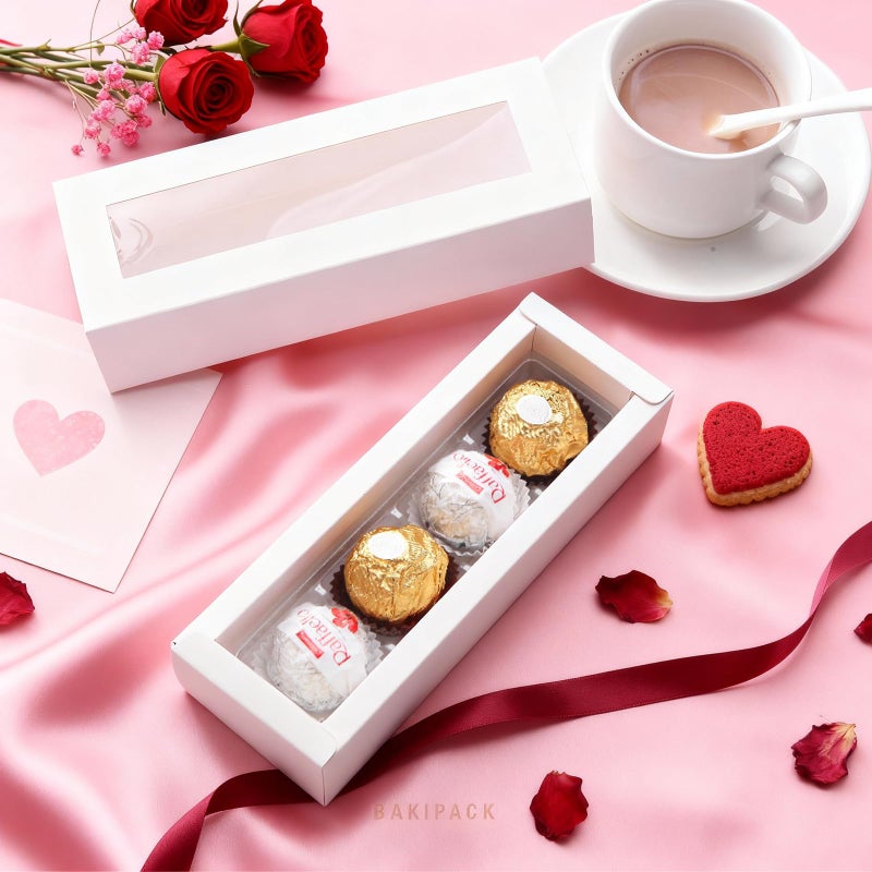 BAKIPACK 20 Truffle Boxes, Chocolate Boxes, White Candy Boxes with 4-Piece Plastics Tray (Tray Size with 5.75x1.25 Inches), Pull Out Packing with Clear Window Sleeves, White - Image 2